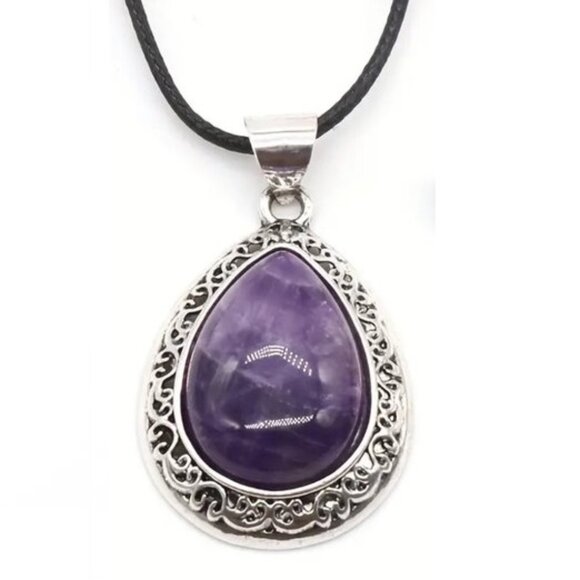 Amethyst Natural Gemstone Water Drop Pendant Necklace Healing Gemstone Pendant - Picture 1 of 2